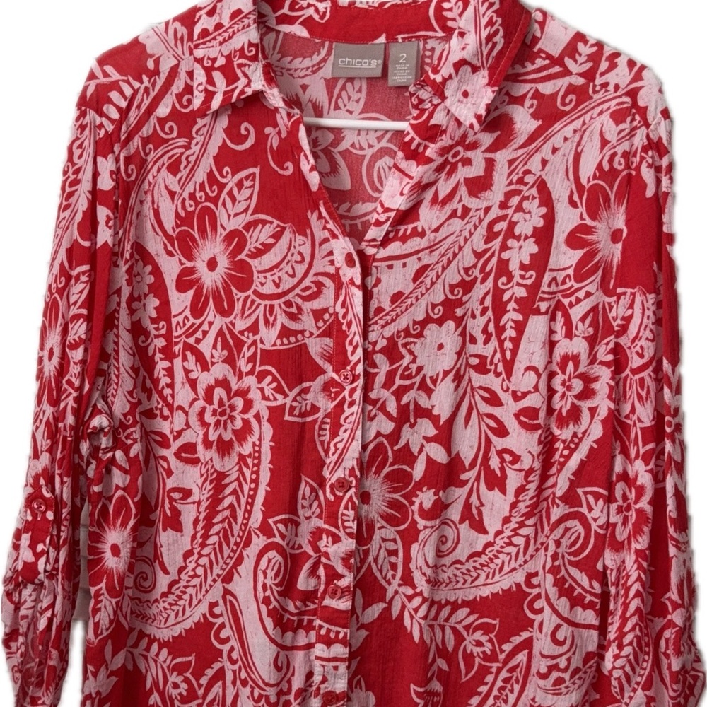 Chico's Red and White Floral Button Down Shirt